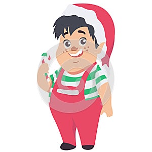 Little cute elf character isolated on white background. Christmas holiday vector cartoon illustration. Dwarf in elf