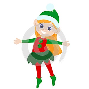 Little cute elf girl in cartoon style isolated on white background. The Christmas elf is dressed in an elf costume.