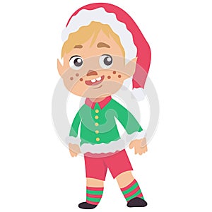 Little cute elf isolated icon on white background. Christmas vector cartoon illustration. Dwarf in elf costume