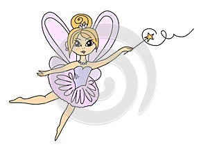 Little cute fairy in a pink dress with wings and a magic wand. Illustration clip-art fairy tale girl outlined on a white