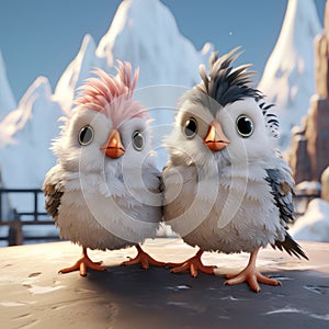 Little Cute Finches: Unreal Engine 5 Cartoon Birds In Romantic Snow Scenes