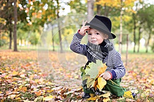 Little cute gentleman in a black hat in autumn park