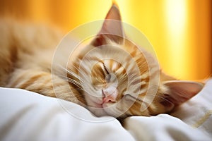 Little cute ginger kitten sleeping in soft bed