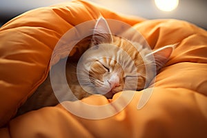 Little cute ginger kitten sleeping in soft bed