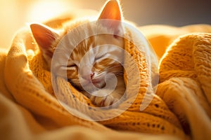 Little cute ginger kitten sleeping in soft bed