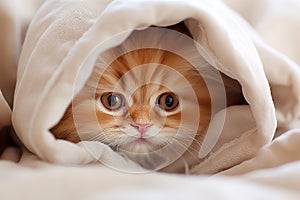 Little cute ginger kitten sleeping in soft bed