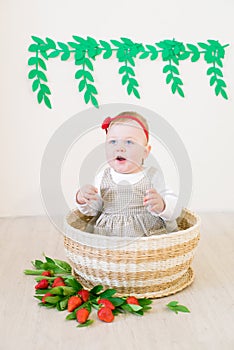 Little cute girl 1 year old in a wicker basket decorated with red juicy strawberries. Healthy eating