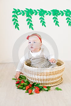 Little cute girl 1 year old in a wicker basket decorated with red juicy strawberries. Healthy eating