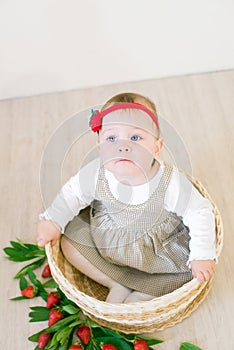 Little cute girl 1 year old in a wicker basket decorated with red juicy strawberries. Healthy eating