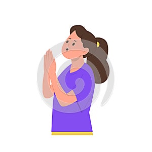 Little cute girl cartoon characters praying looking up asking god about fulfillment of desires