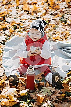 Little cute girl drinks tea from a thermos in the autumn park. Cute little toddler baby with thermos and cup