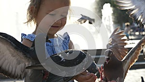 Little cute girl feeding street pigeons in the park at summer day 4K slow motion