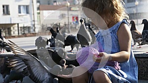 Little cute girl feeding street pigeons in the park at summer day 4K slow motion