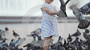Little cute girl feeds pigeons near fountain