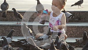 Little cute girl feeds pigeons near fountain