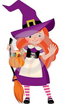Little Cute Girl in Halloween Witch Costume in Full Length