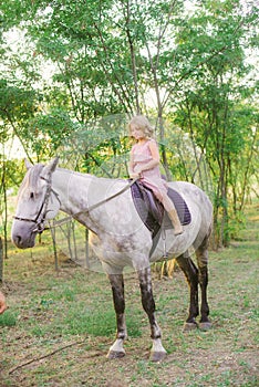 Little cute girl with light curly hair in a straw hat riding a horse at sunset