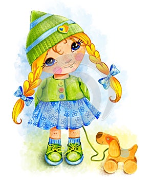 Little cute girl with long braids blonde and big blue eyes in a green knitted hat and a beautiful dress smiles, stands, holds a