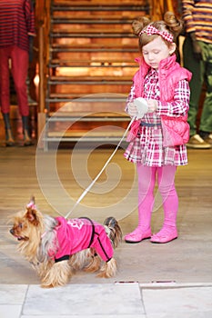 Little cute girl in pink dress leads small dog on