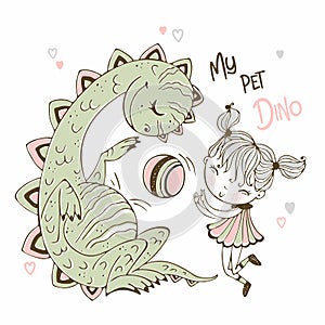 Little cute girl playing ball with her pet dinosaur. Vector