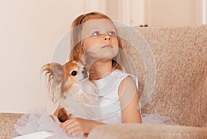 A little cute girl plays with a chihuahua dog in a living room