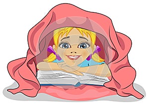 Little cute girl reading a book in bed under blanket