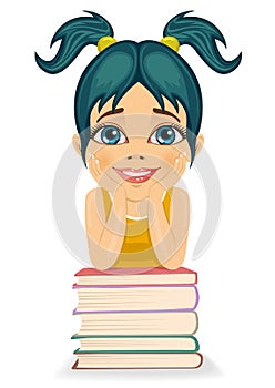 Little cute girl ready for school - leaning on book stack