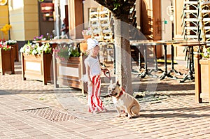 A little cute girl in red and white striped pants is walking with her French bulldog dog