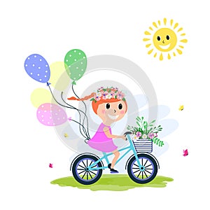 Little cute girl riding Bicycle,Sunny spring day, cartoon design. Child riding bike vector on white background