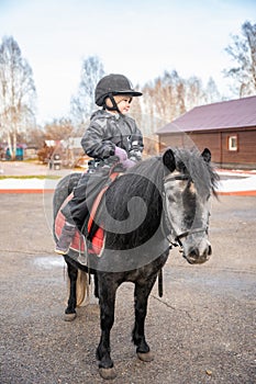 Little cute girl riding a little horse or pony in the winter in field in the winter