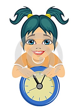 Little cute girl showing arrows on the wall clock