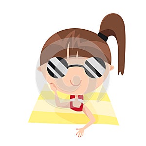 Little cute girl in sunglasses sunbathes on beach. Cartoon teen child lying on towel. Cool summer mascot character