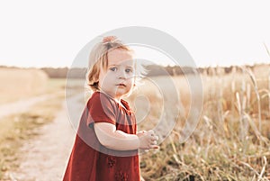 Little cute girl todler walking through a wheat field