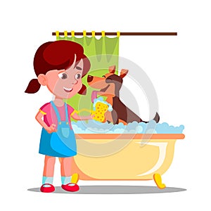 Little Cute Girl Washes A Dog In The Bathroom With Foam Vector Flat Cartoon Illustration