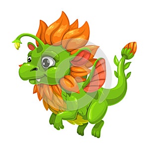 Little cute green dragon. Fantasy animal. Funny cartoon flying monster.