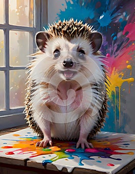 Little Cute Hedgehog on Vibrant Paint Splash Background