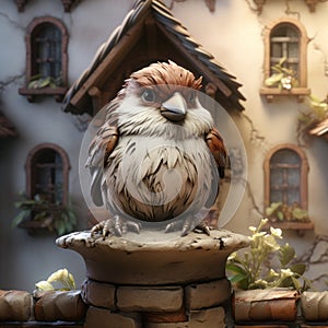 Little Cute House Sparrow Figurine On Statue - Realistic Lighting And Cartoonish Design