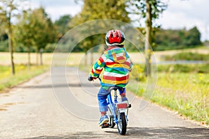 Little cute kid boy on bicycle on summer or autmn day. Healthy happy child having fun with cycling on bike.