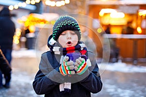 Little cute kid boy drinking hot children punch or chocolate on German Christmas market. Happy child on traditional