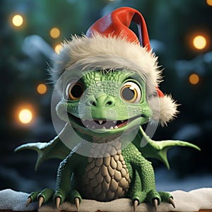 A little cute kind baby green dragon cub in red Santa Claus hat on a dark background with bokeh