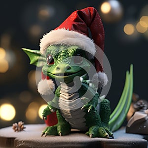 A little cute kind baby green dragon cub in red Santa Claus hat on a dark background with bokeh