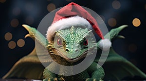A little cute kind baby green dragon cub in red Santa Claus hat on a dark background with bokeh