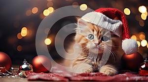 Little cute kitten in red santa hat and christmas background