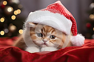 Little cute kitten in red santa hat and christmas background