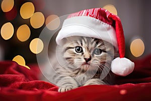 Little cute kitten in red santa hat and christmas background