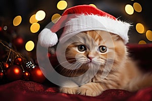 Little cute kitten in red santa hat and christmas background