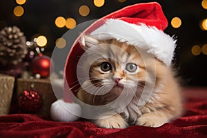 Little cute kitten in red santa hat and christmas background