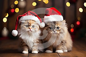 Little cute kitten in red santa hat and christmas background