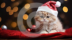 Little cute kitten in red santa hat and christmas background