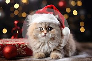 Little cute kitten in red santa hat and christmas background